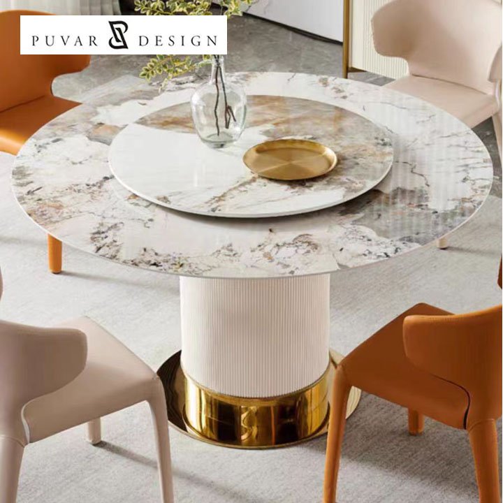 Modern Turntable Design Metal Stainless Steel Base White Round Marble Dining Table for Home Dining Room Furniture