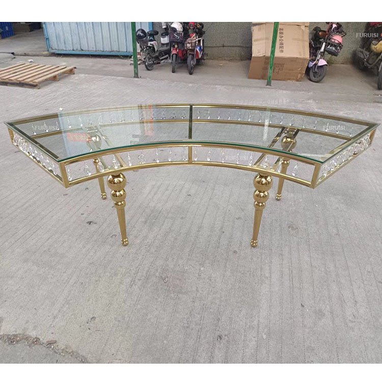 Glossy Stainless Steel Crystal S shape wedding banquet Dining Table With Glass Top For Star Hotel