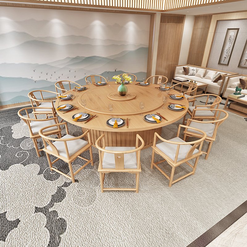 Modern large hotel turntable solid wood round table New hotel banquet wooden table