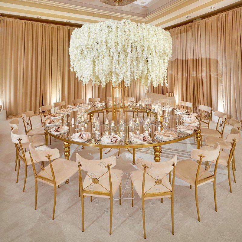 Stainless Steel Moon Wedding Dining Table with Half round Glass Top for Banquets Living Rooms Halls Hotels Hotel Furniture