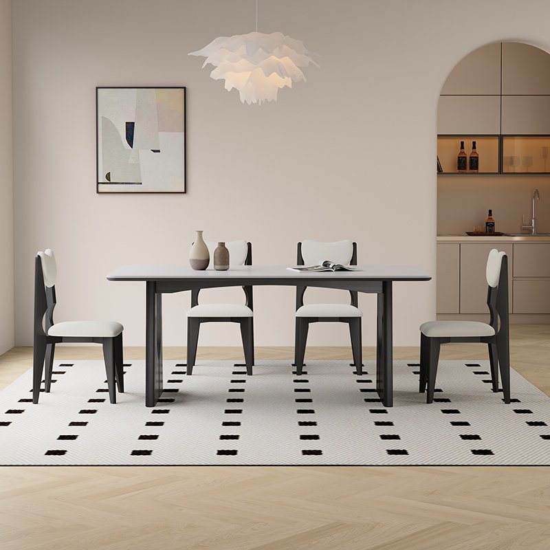 Modern Luxury Rectangular Dining Table Set with Rock Plate Foot for Hotel Apartment Home Made Wood Marble Kitchen Furniture Use