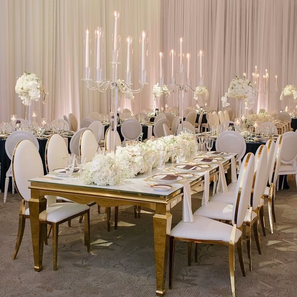 Wedding modern style glass top stainless steel luxury round dining table