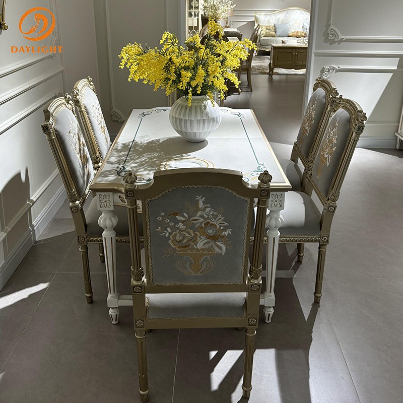 Hotel Royal Velvet European Furniture Customizable Wooden Villa Retro French Classic Chair Set High-End Solid Dining Room Table