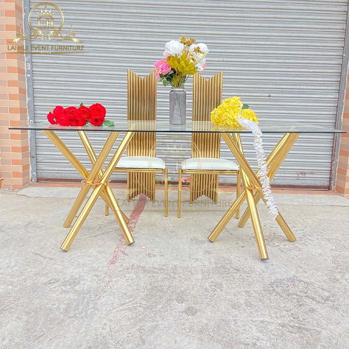 Wedding factory supply popular minimalist golden stainless steel rectangle tables bridal table for wedding dining table