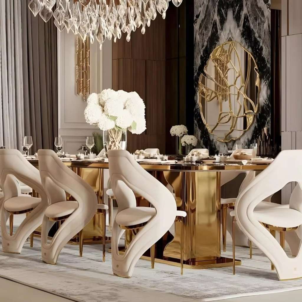 High End Modern Luxury Dining Table Set 10-12 Seater Marble Top Golden Stainless steel Dinning table set for Kitchen Hotel Villa