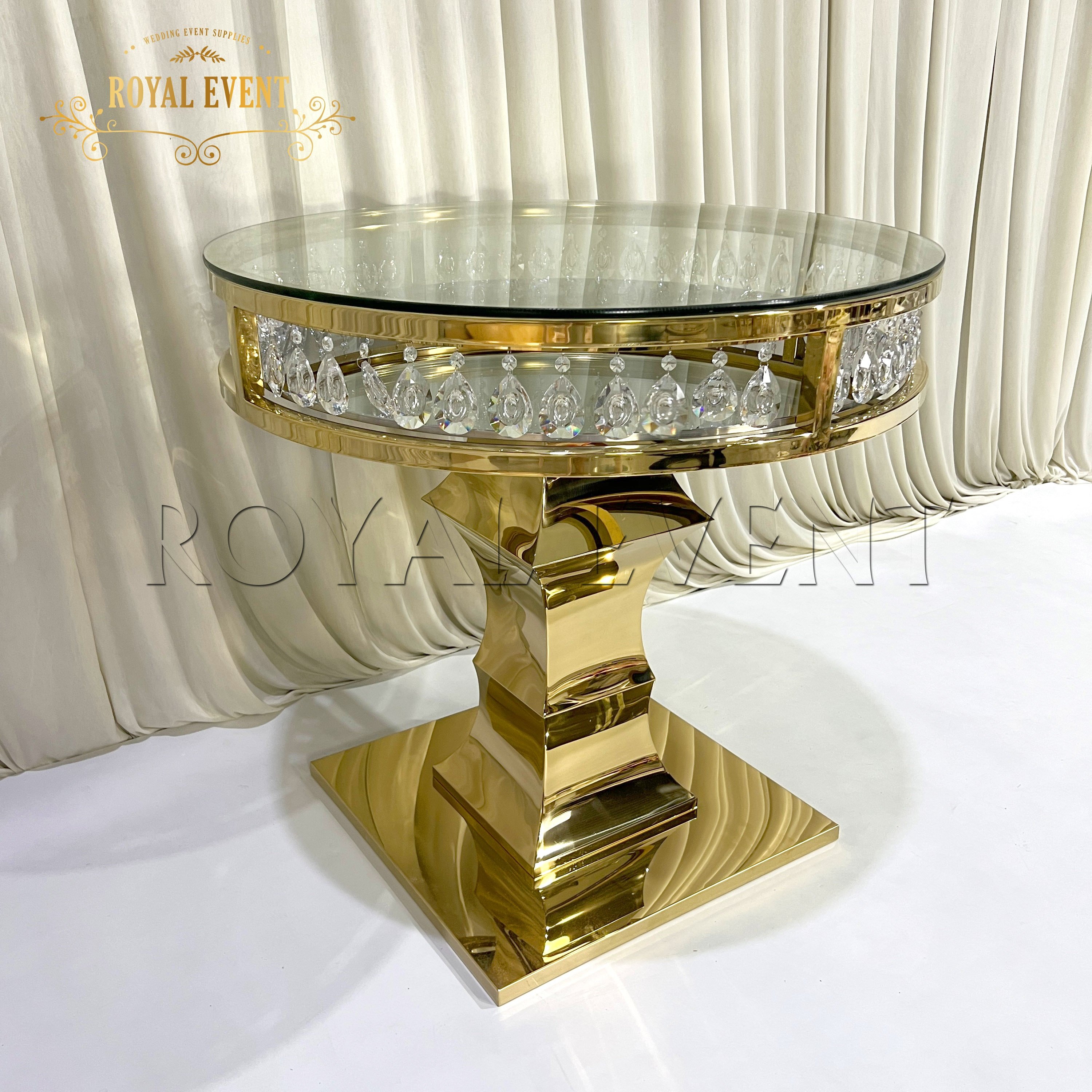Wholesale High Quality Wedding Furniture Table Gold Stainless Steel Round Cake Table Mirror Crystal Cake Table