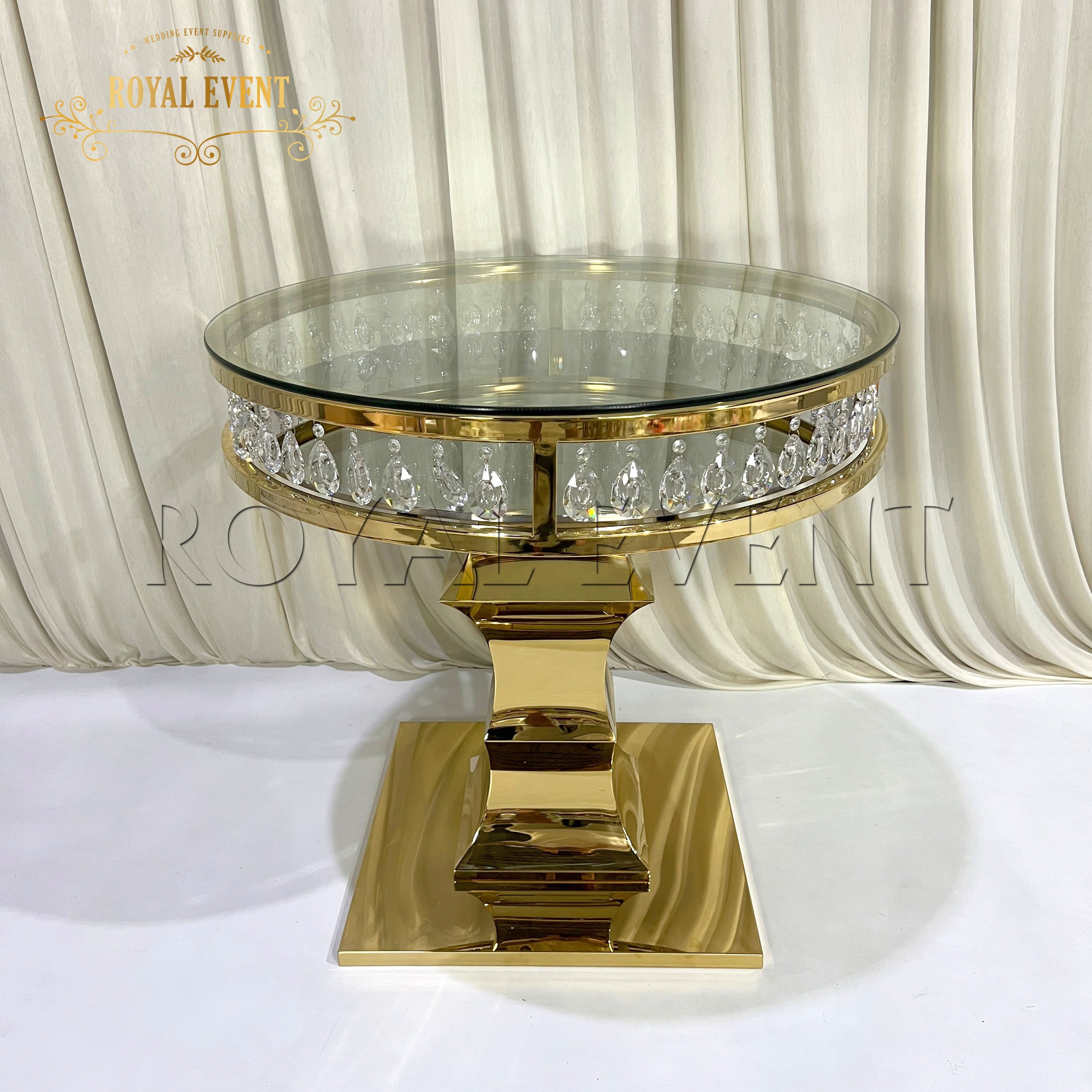 Wholesale High Quality Wedding Furniture Table Gold Stainless Steel Round Cake Table Mirror Crystal Cake Table