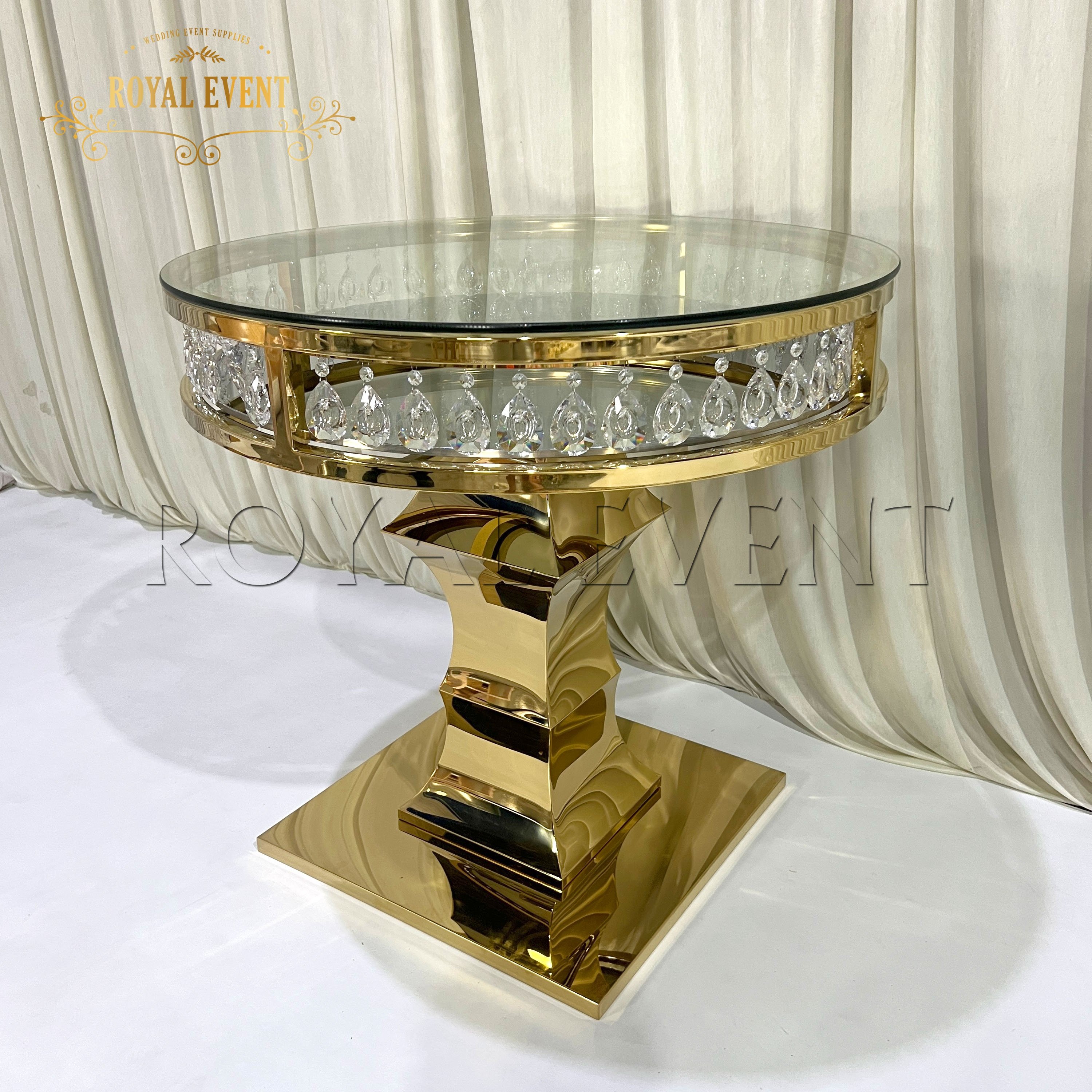 Wholesale High Quality Wedding Furniture Table Gold Stainless Steel Round Cake Table Mirror Crystal Cake Table