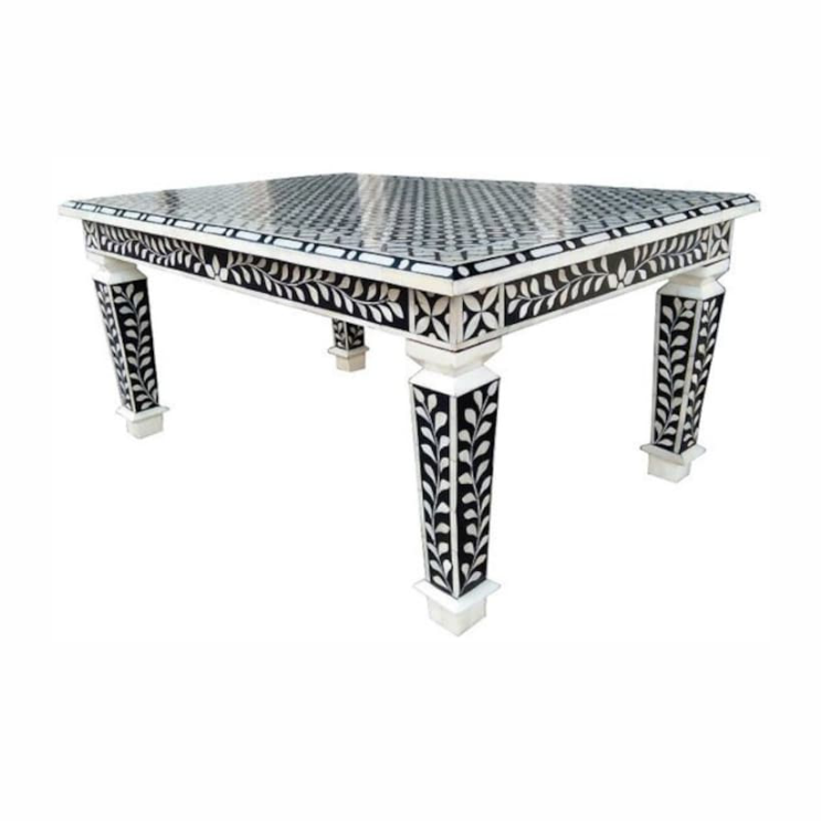 Hot Selling Rectangle Shape Black and White Geometric Pattern Bone Inlay Dining Table With Metal Frame Stand for home