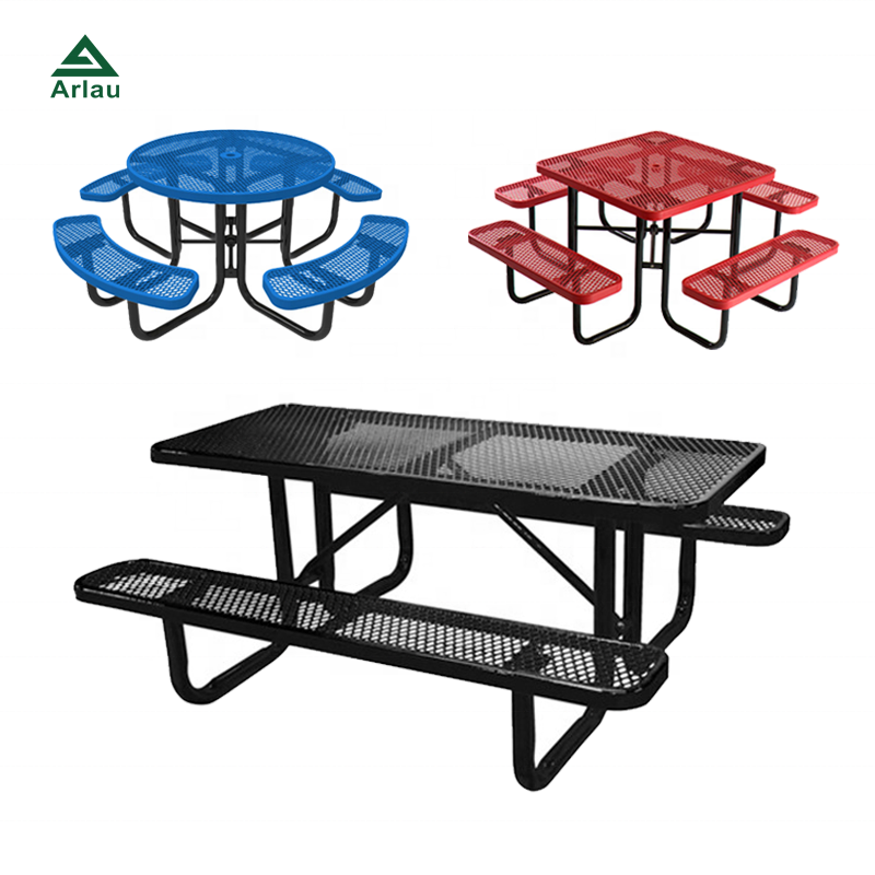 Outdoor Expanded Steel Round Square Commercial Picnic Table With Bench Outside Patio Furniture Modern Metal Dining Table Chair
