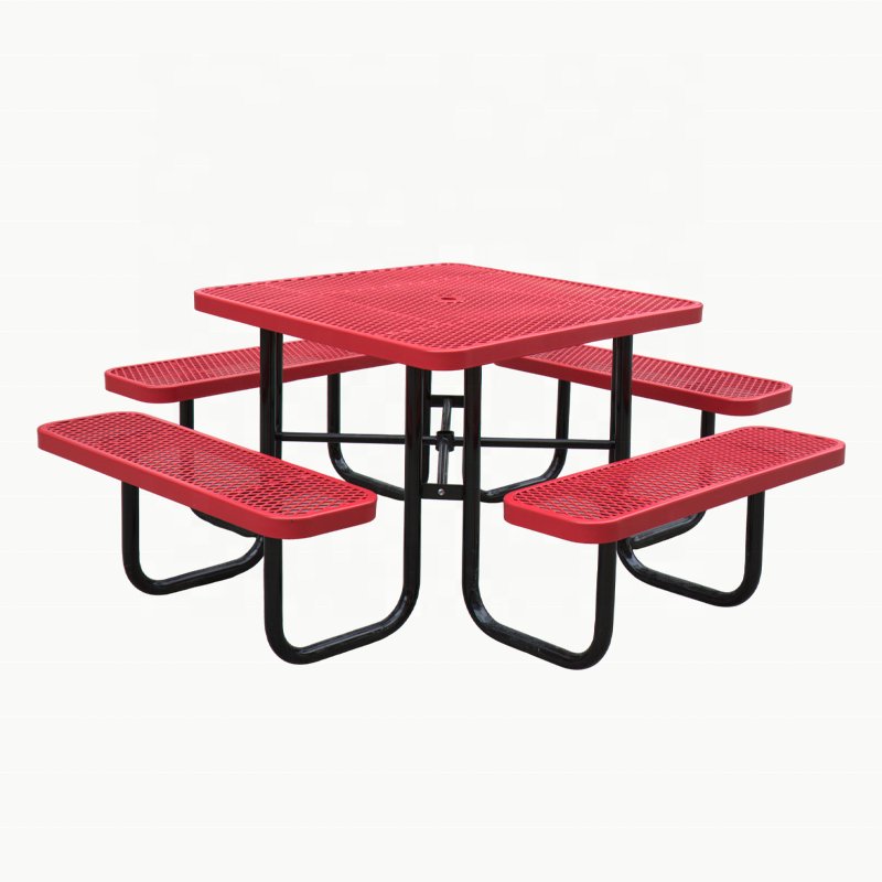 Outdoor Expanded Steel Round Square Commercial Picnic Table With Bench Outside Patio Furniture Modern Metal Dining Table Chair