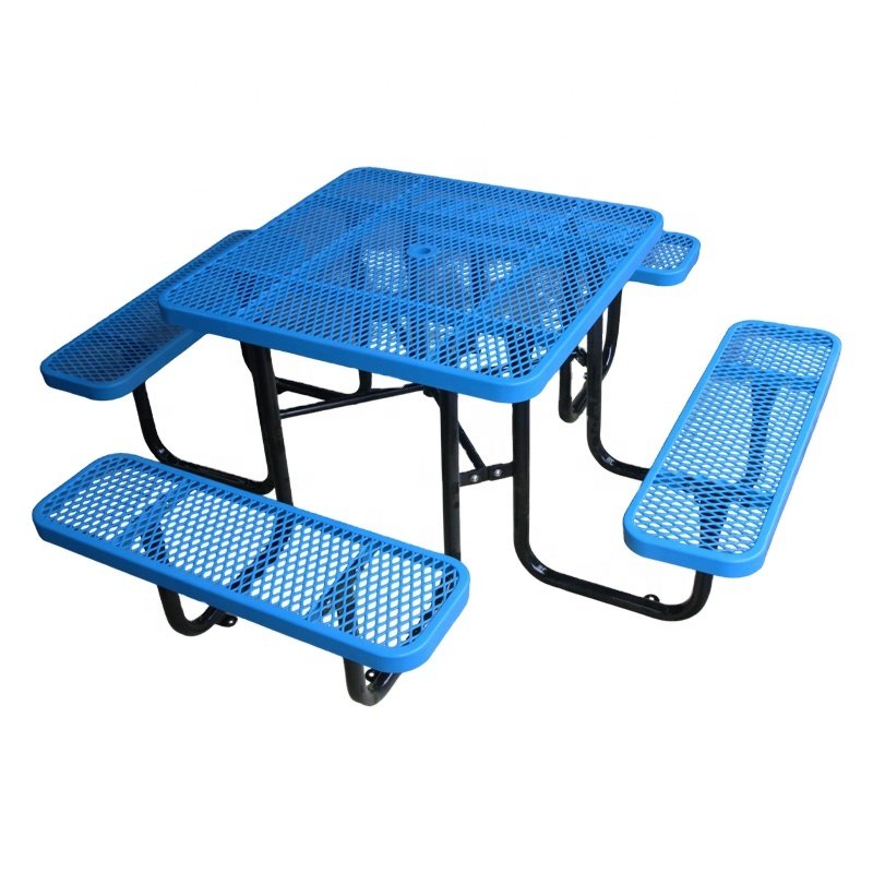 Outdoor Expanded Steel Round Square Commercial Picnic Table With Bench Outside Patio Furniture Modern Metal Dining Table Chair