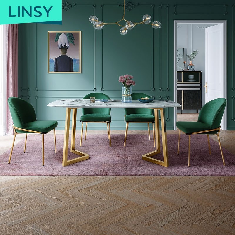 Linsy Italian Marble Table Top Home Furniture Dining Room Table Sets 4 6 Chairs Gold Stainless Steel Dining Table Set Ls147R1-A