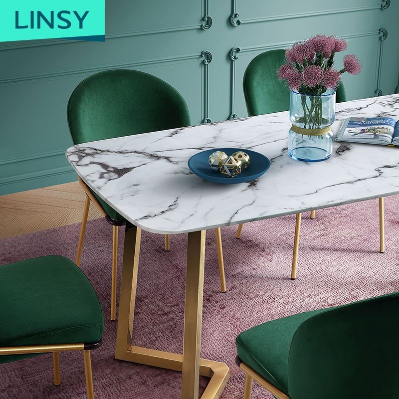 Linsy Italian Marble Table Top Home Furniture Dining Room Table Sets 4 6 Chairs Gold Stainless Steel Dining Table Set Ls147R1-A