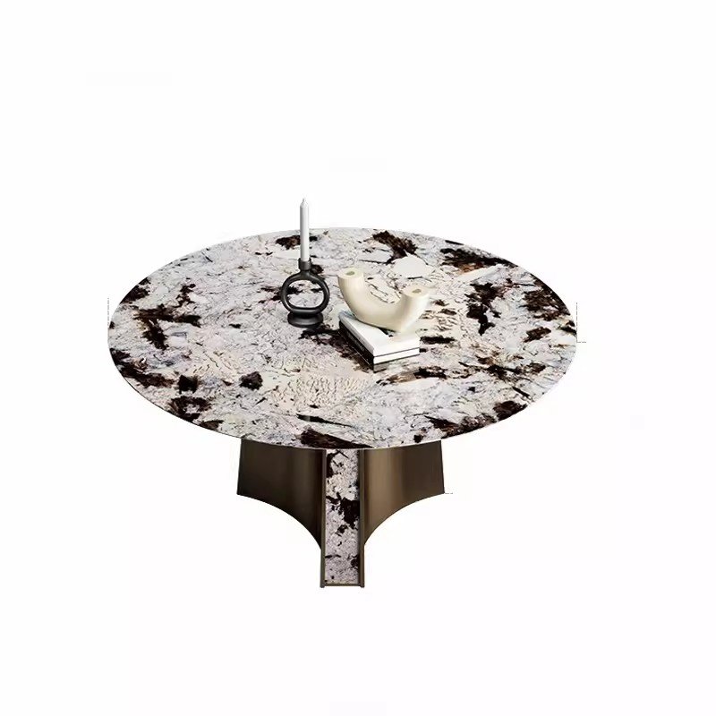 MR Luxury Natural Luxury Stone Dining Table Stainless Steel Frame Villa Round Table Dining Room Table Chair Set For Home Hotel
