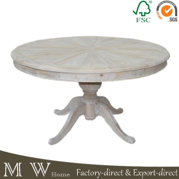 MRS WOODS vintage reclaimed pedestal round top wooden dining table set with 60