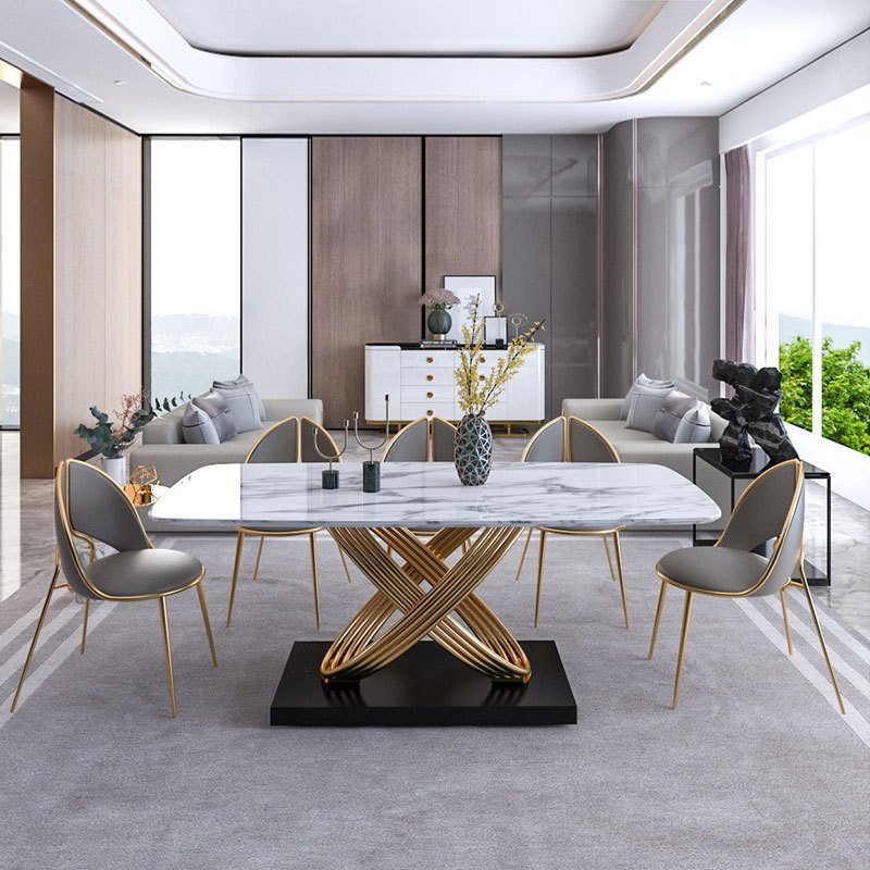 Rectangle Sintered Stone Top Luxury Dining Room White Modern Dining Table With Stainless Steel Pedestal for 6-8 Family Gathering
