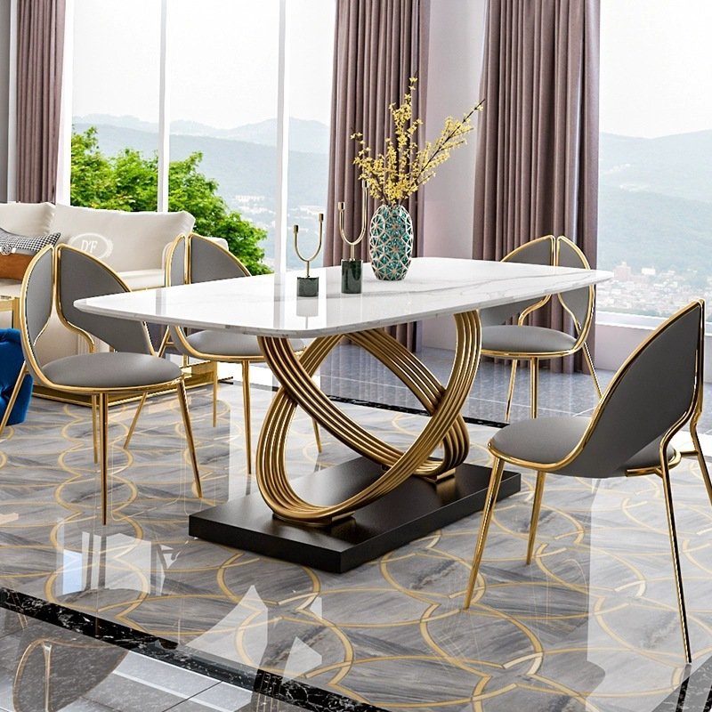 Rectangle Sintered Stone Top Luxury Dining Room White Modern Dining Table With Stainless Steel Pedestal for 6-8 Family Gathering