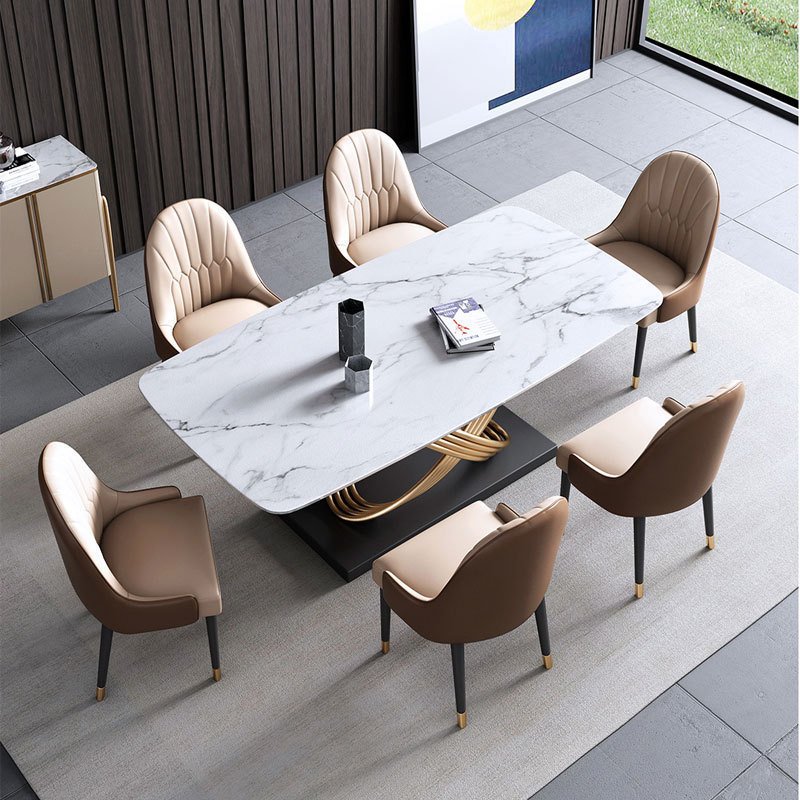 Rectangle Sintered Stone Top Luxury Dining Room White Modern Dining Table With Stainless Steel Pedestal for 6-8 Family Gathering