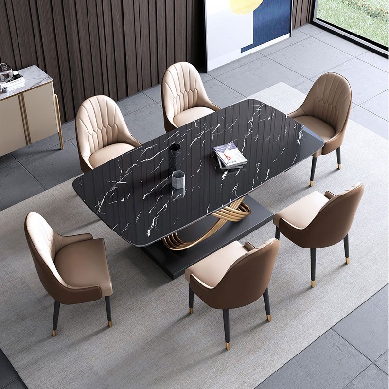 Rectangle Sintered Stone Top Luxury Dining Room White Modern Dining Table With Stainless Steel Pedestal for 6-8 Family Gathering