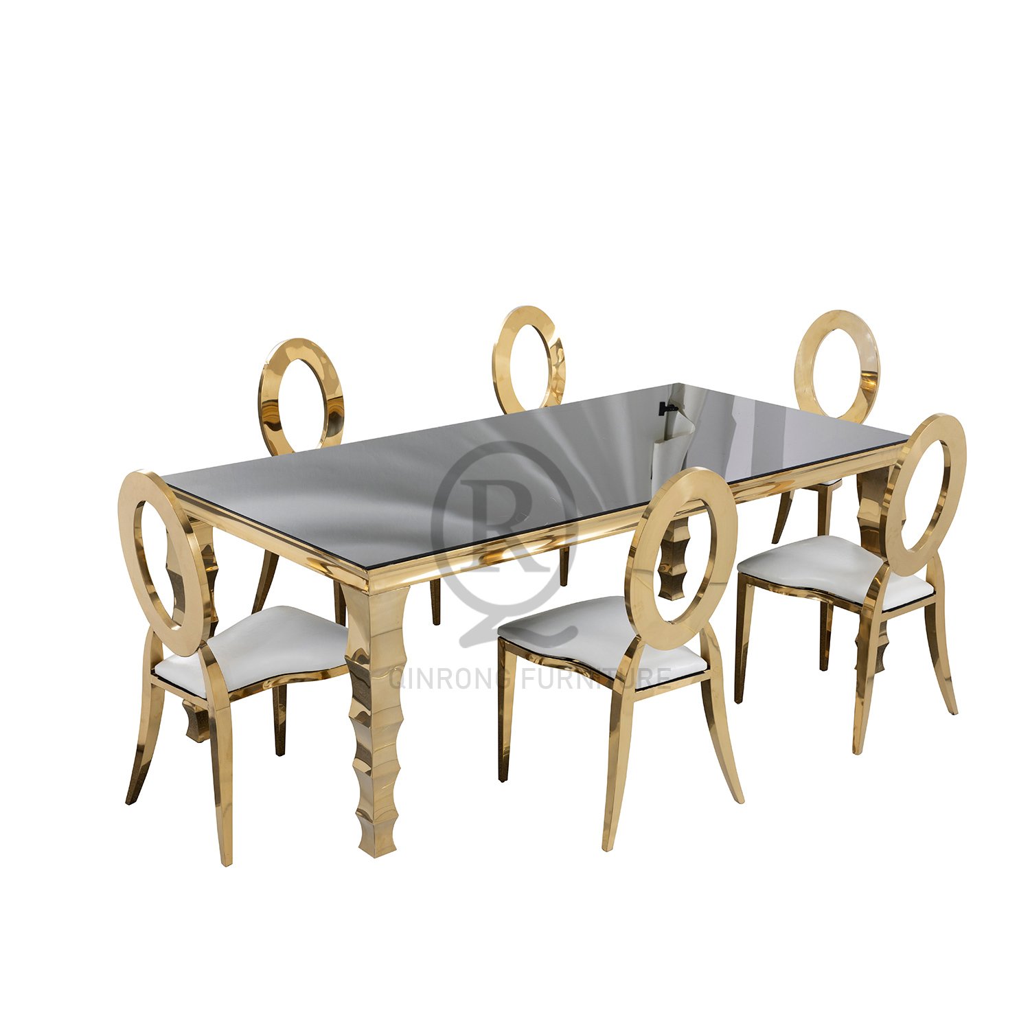 Luxury rectangle Wedding Furniture Gold Stainless Steel Frame Mirror Glass Top Dining Table