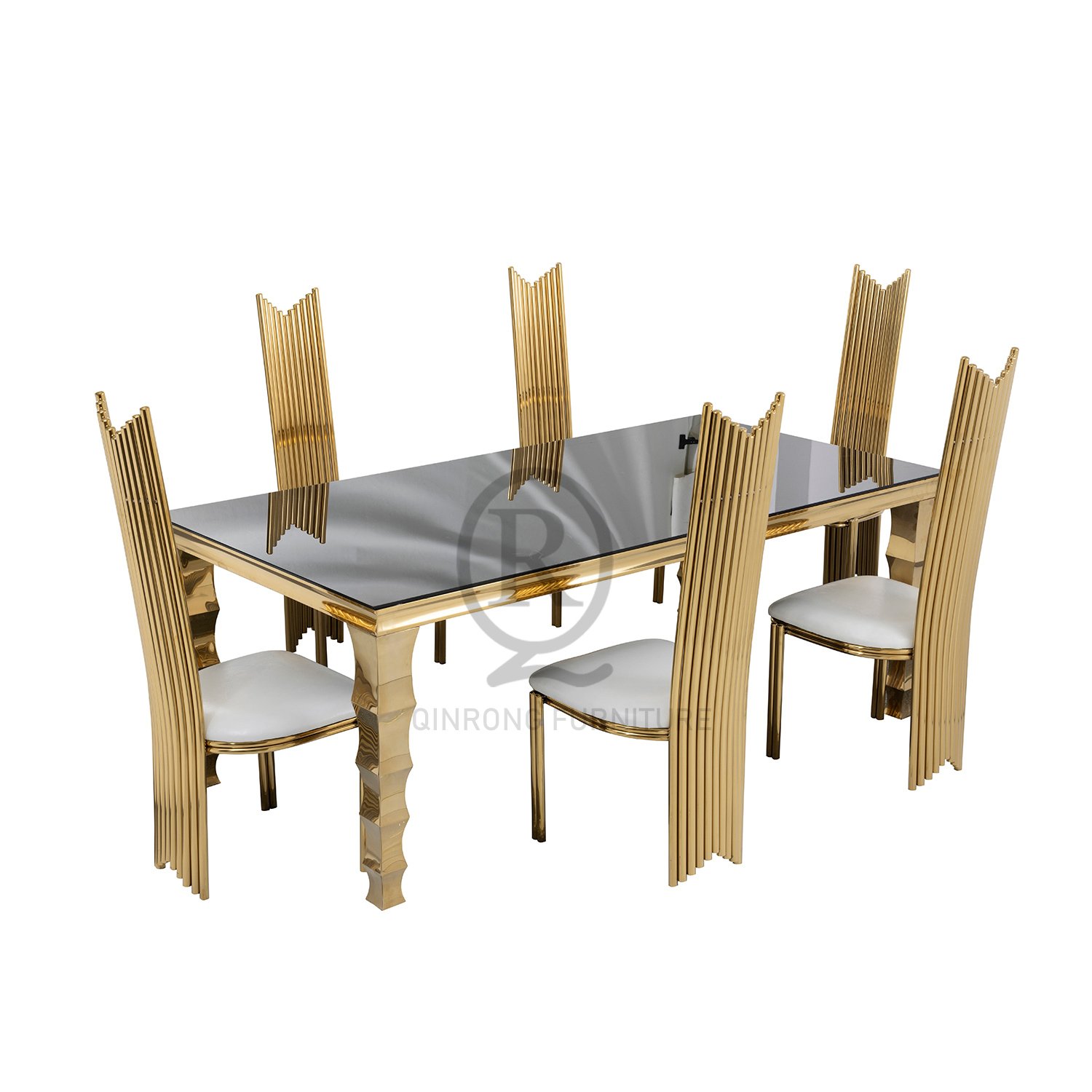 Luxury rectangle Wedding Furniture Gold Stainless Steel Frame Mirror Glass Top Dining Table