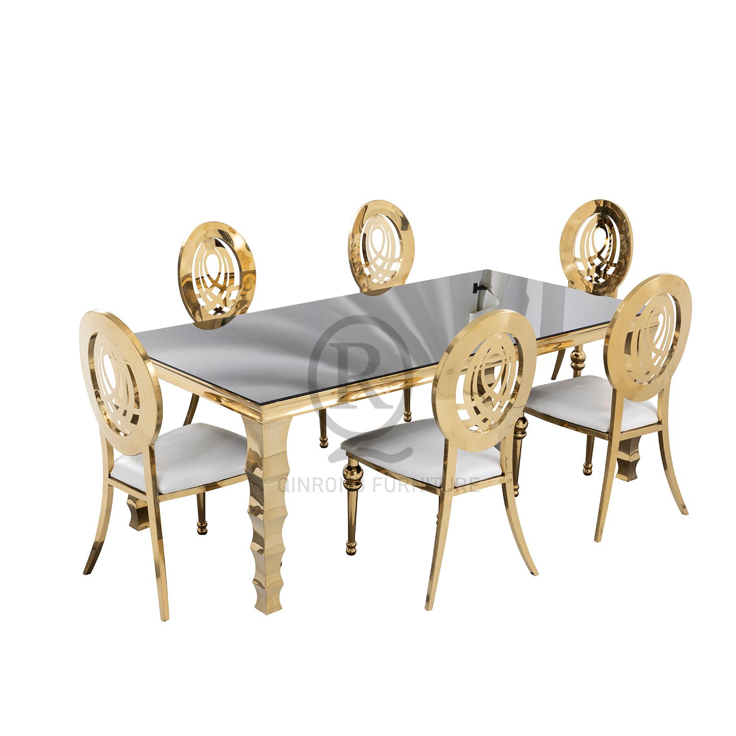 Luxury rectangle Wedding Furniture Gold Stainless Steel Frame Mirror Glass Top Dining Table