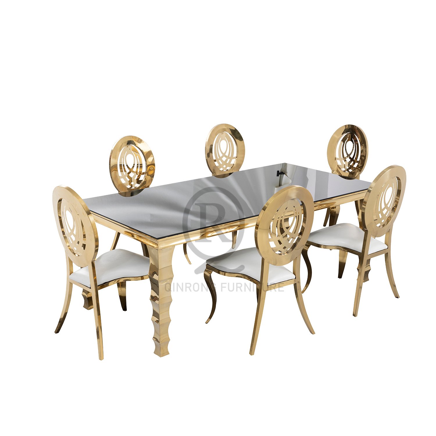 Luxury rectangle Wedding Furniture Gold Stainless Steel Frame Mirror Glass Top Dining Table