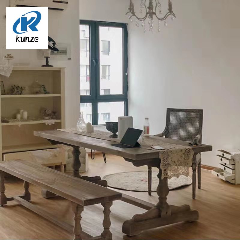 American Country Vintage Solid Wood Furniture Restaurant Chairs Long Dining Room Table And Dinning Chair Set