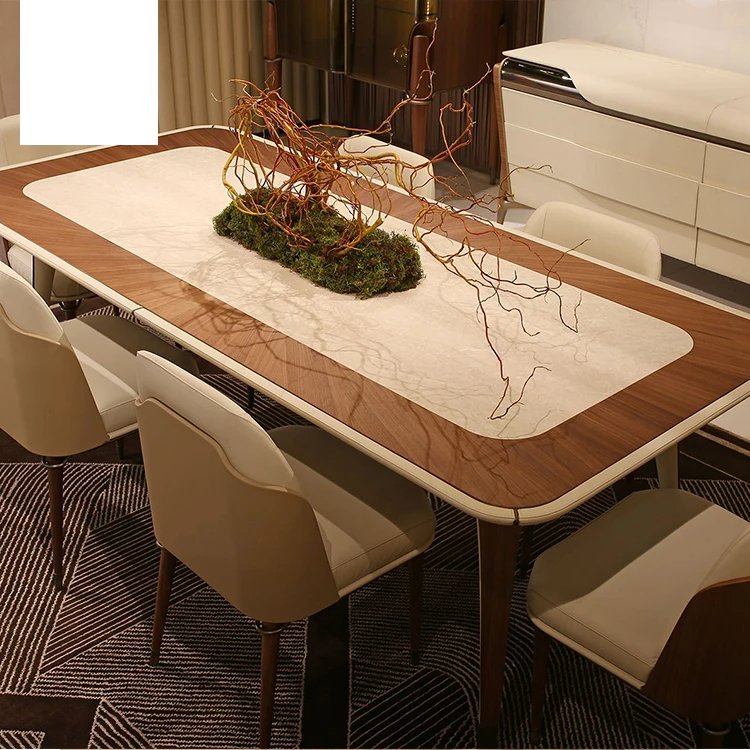 Kf Casa High End Travertine Marble Top Wooden Leg Dining Table Luxury Italian Furniture Solid Wood Modern Marble Dining Table