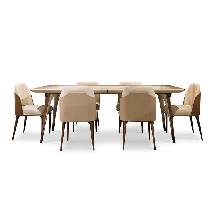 Kf Casa High End Travertine Marble Top Wooden Leg Dining Table Luxury Italian Furniture Solid Wood Modern Marble Dining Table