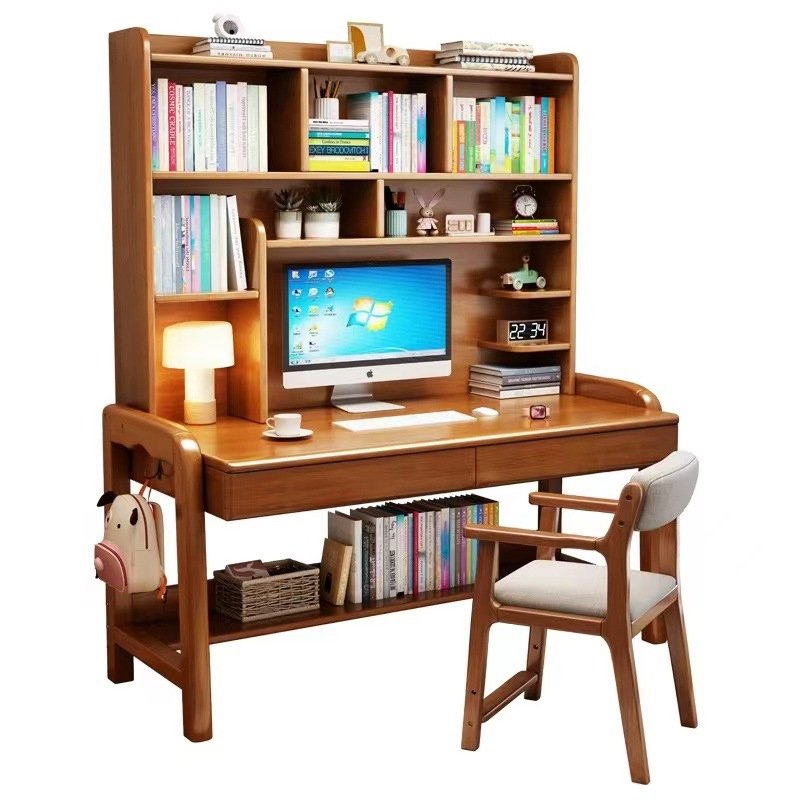 Hot Selling Solid Wood Household Height Adjustable Desk Bookshelf Integrated Bedroom Children'S Study Table And Chair Set