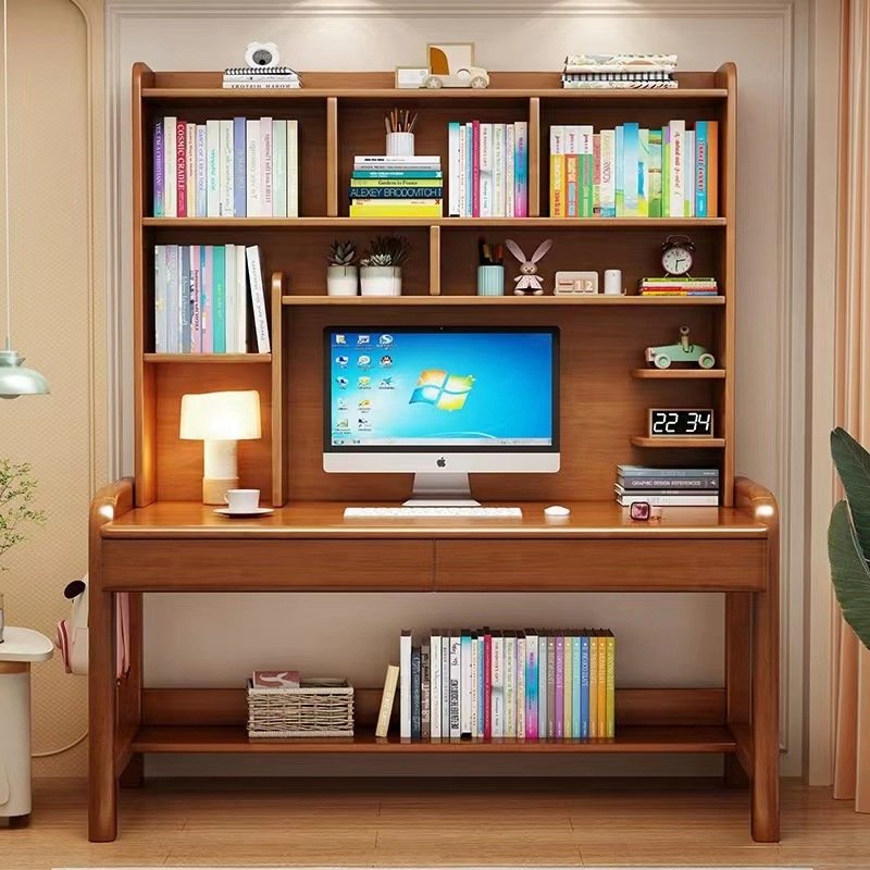 Hot Selling Solid Wood Household Height Adjustable Desk Bookshelf Integrated Bedroom Children'S Study Table And Chair Set