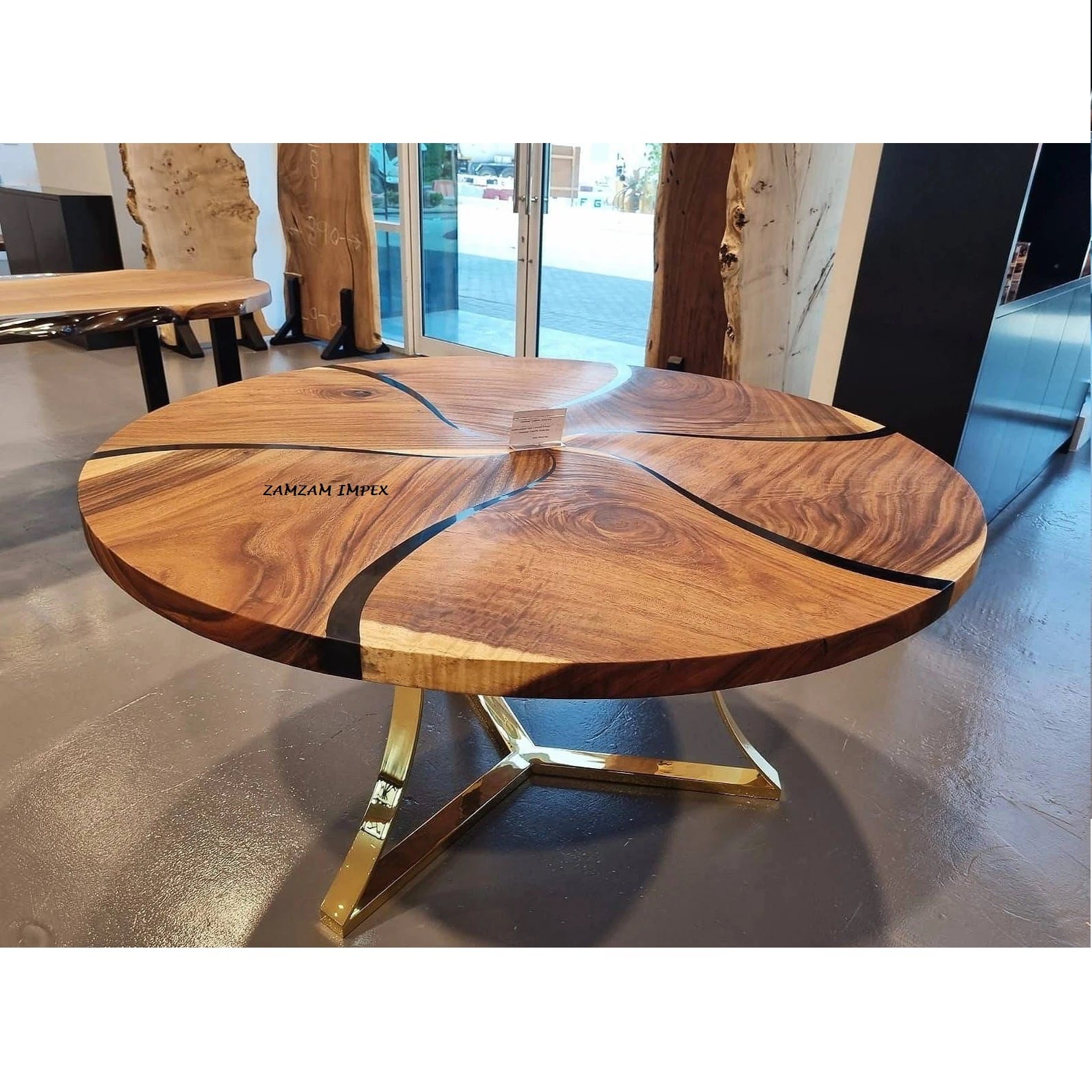 Custom Made Indian Acacia Wood Black Epoxy Round Dining Table By ZAM ZAM IMPEX