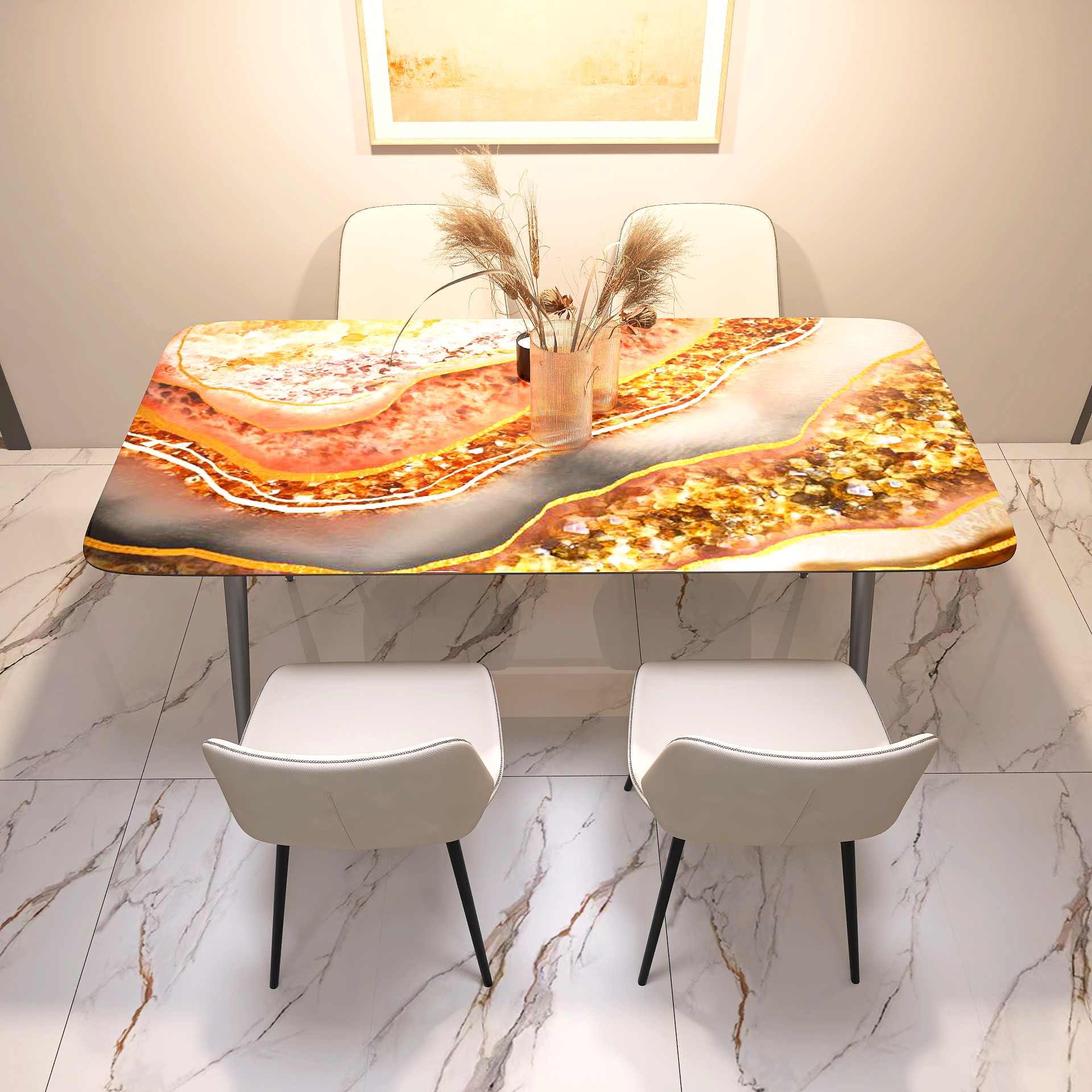 Italian design dining room table set rectangular table and 4 chairs sintered stone top modern marble luxury gold dining table