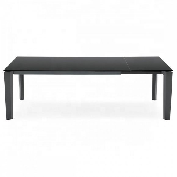 Modern extendable ceramic/stoneware dining table with metal pedestal frame