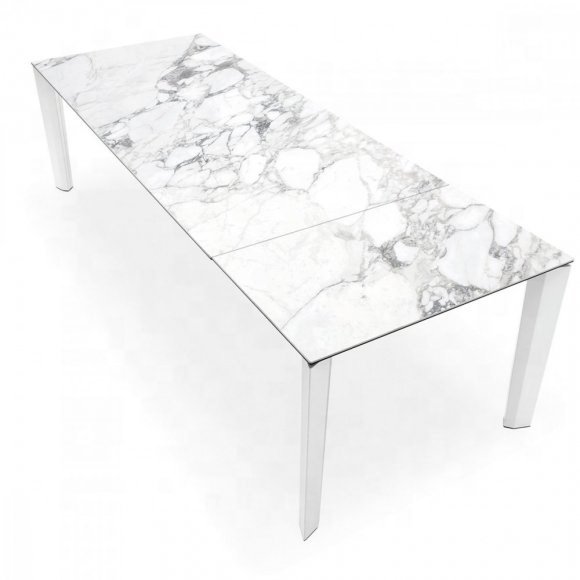 Modern extendable ceramic/stoneware dining table with metal pedestal frame