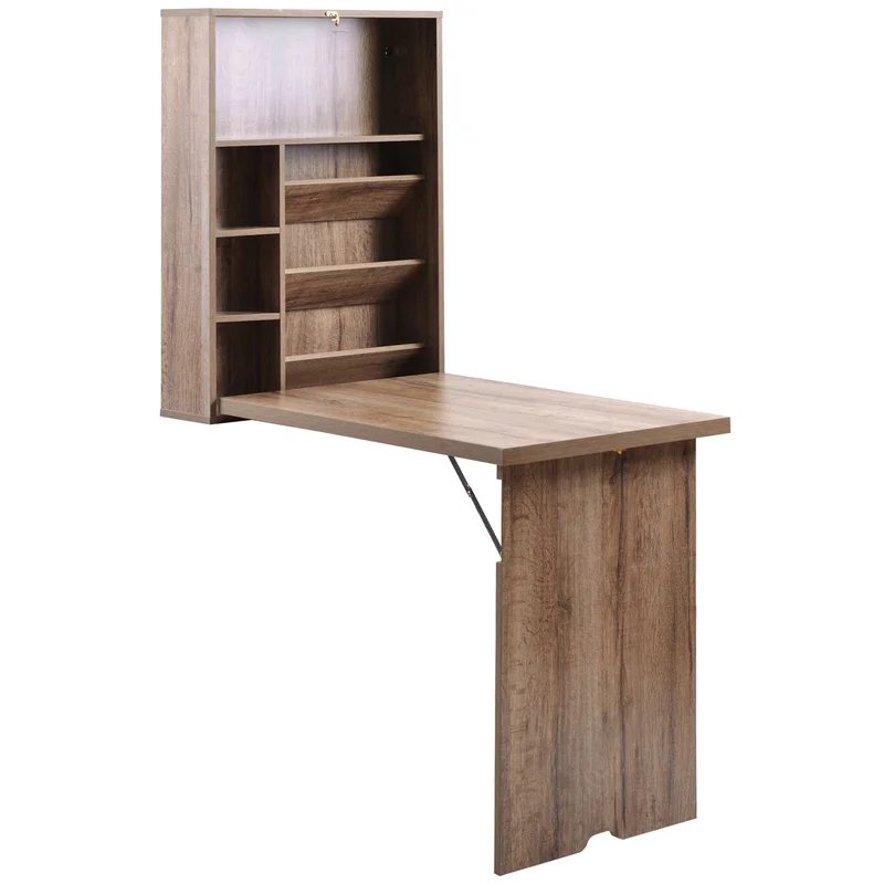 Wall Mounted Folding Table Convertible Desk Wood Floating Writing Desk with Storage Shelves Space Saving