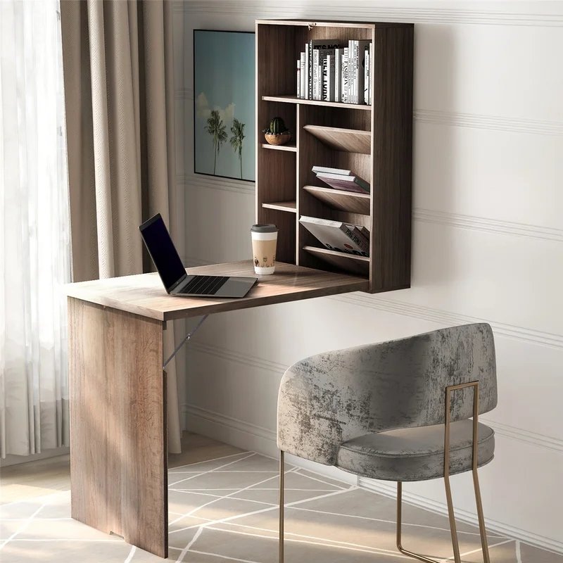 Wall Mounted Folding Table Convertible Desk Wood Floating Writing Desk with Storage Shelves Space Saving