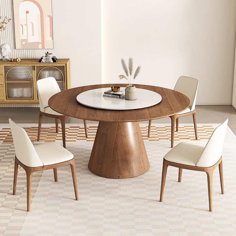 Nordic Solid Wood Round Dining Table and Chairs Set Modern Minimalist Household Ash Wood with Rock Plate Swivel Round Table