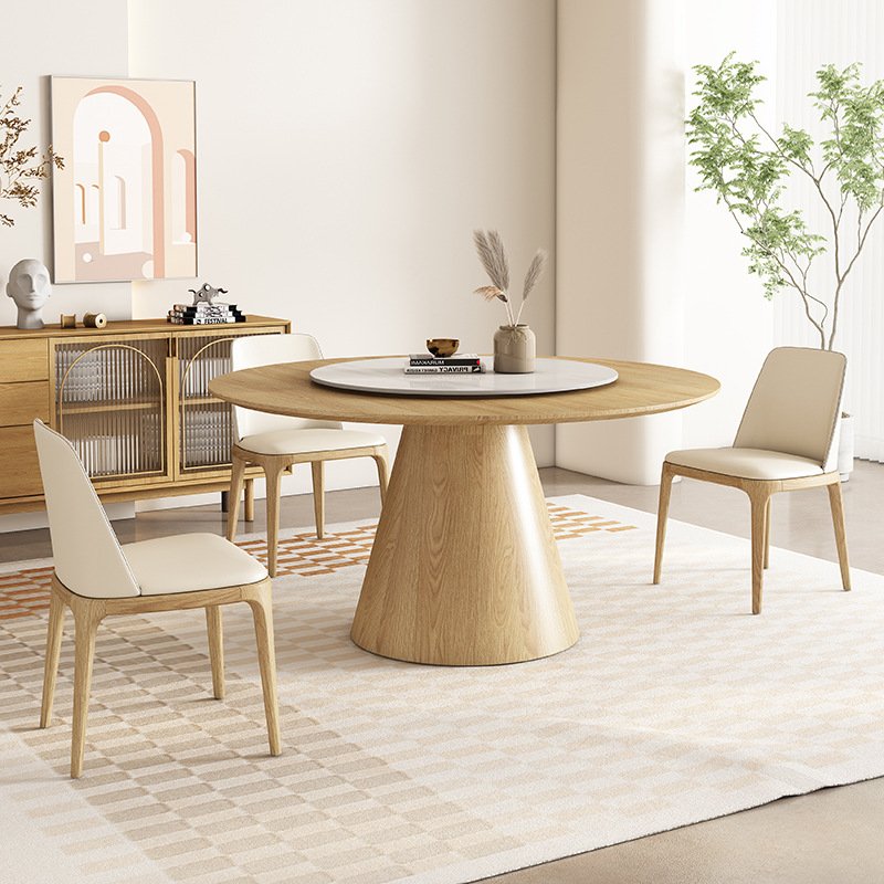 Nordic Solid Wood Round Dining Table and Chairs Set Modern Minimalist Household Ash Wood with Rock Plate Swivel Round Table