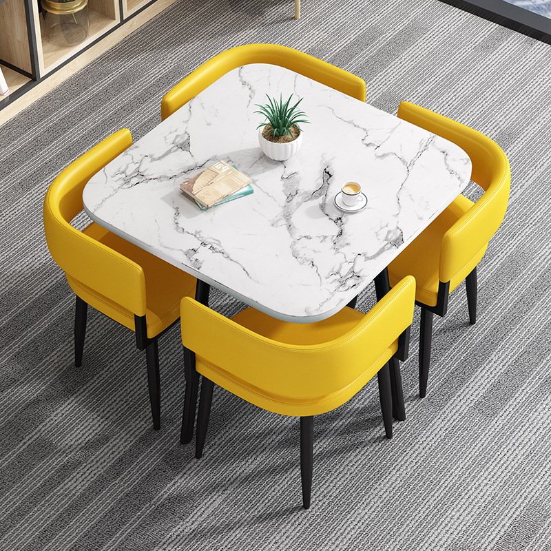 Space Saving Nordic Square Reception Dining Table and Leather Dining Chairs for Home Restaurant Luxury Marble Dining Table Set