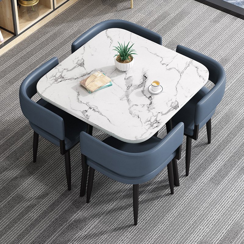Space Saving Nordic Square Reception Dining Table and Leather Dining Chairs for Home Restaurant Luxury Marble Dining Table Set