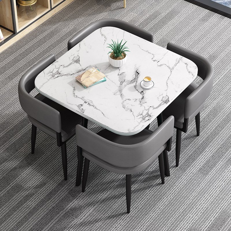 Space Saving Nordic Square Reception Dining Table and Leather Dining Chairs for Home Restaurant Luxury Marble Dining Table Set