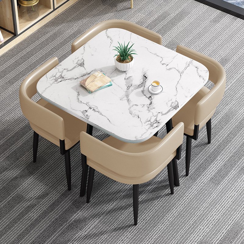 Space Saving Nordic Square Reception Dining Table and Leather Dining Chairs for Home Restaurant Luxury Marble Dining Table Set