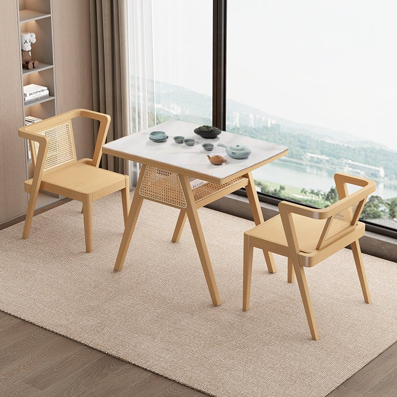 Hot Selling American Cafe Restaurant Bistro Cafeteria Vintage Rattan Backrest Solid Wood Top Dining Table And Chairs Combination