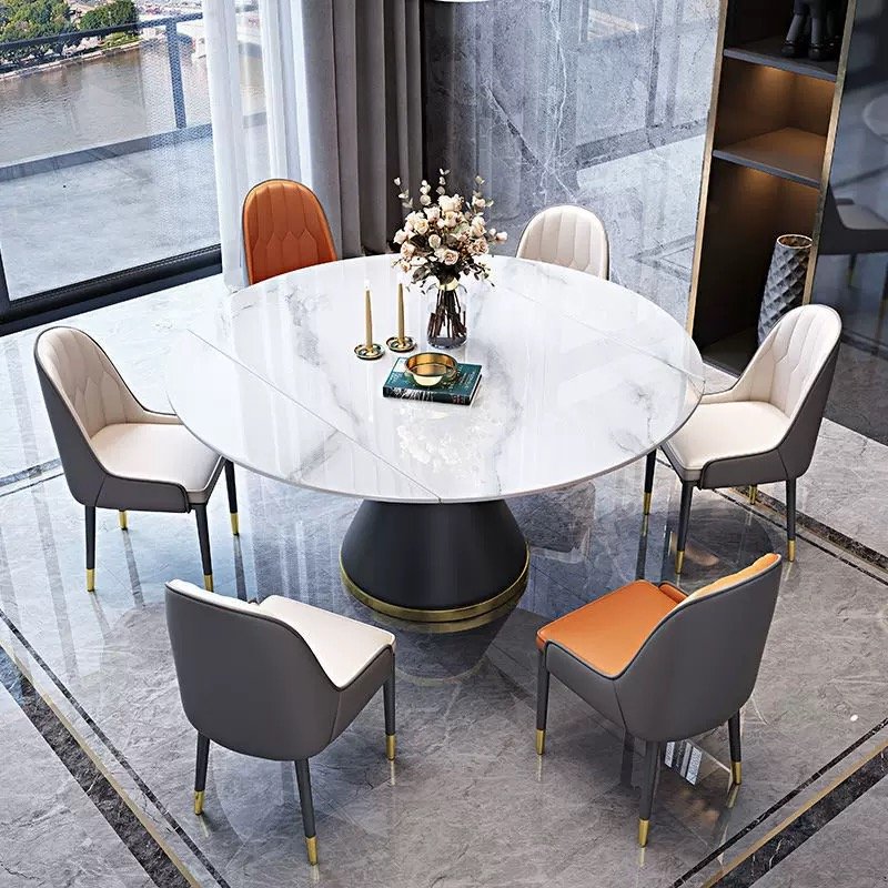 Luxury modern extendable folding round marble dining table chair set, 4, 6 and 8 seater rotating restaurant elegant furniture