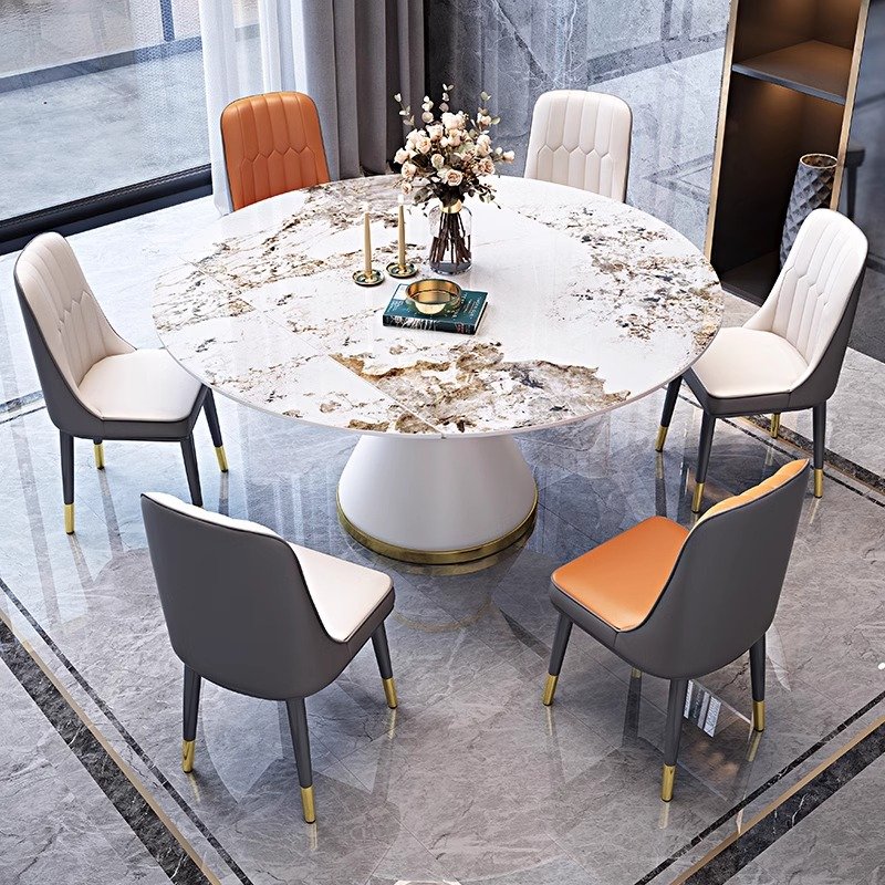 Luxury modern extendable folding round marble dining table chair set, 4, 6 and 8 seater rotating restaurant elegant furniture