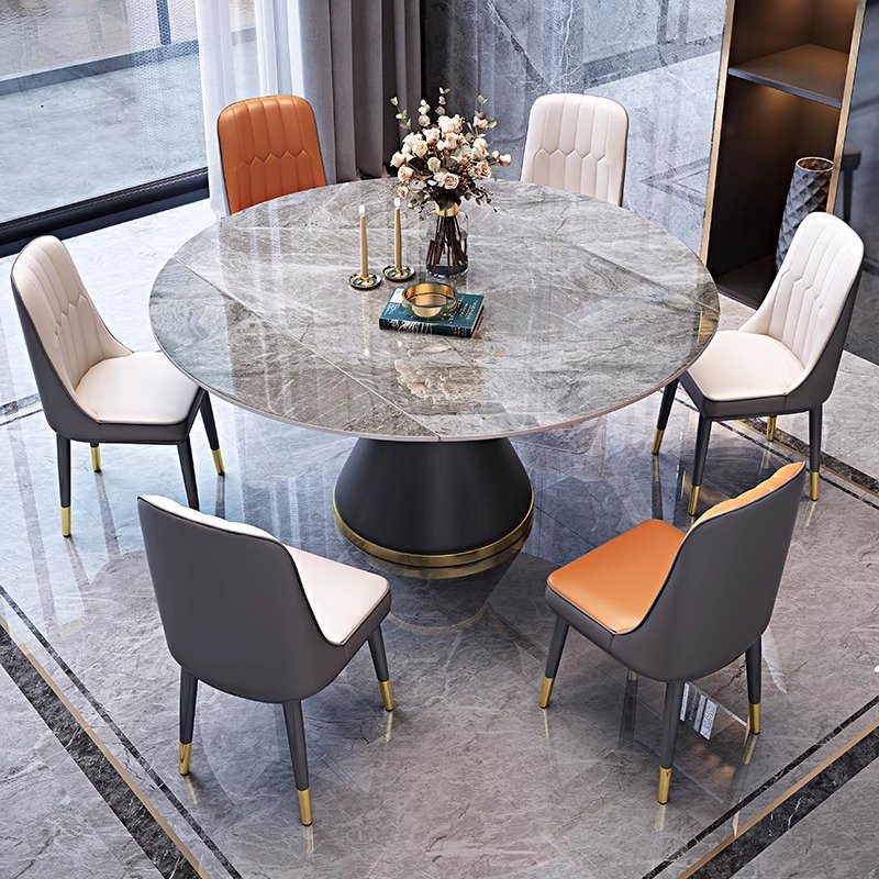 Luxury modern extendable folding round marble dining table chair set, 4, 6 and 8 seater rotating restaurant elegant furniture
