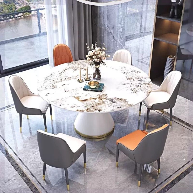 Luxury modern extendable folding round marble dining table chair set, 4, 6 and 8 seater rotating restaurant elegant furniture